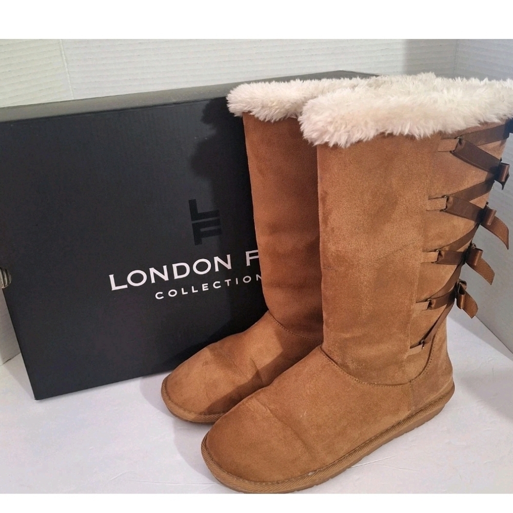 London Fog Women's Tan Faux Fur Mid Calf Bow Boots SZ 7M With Box
